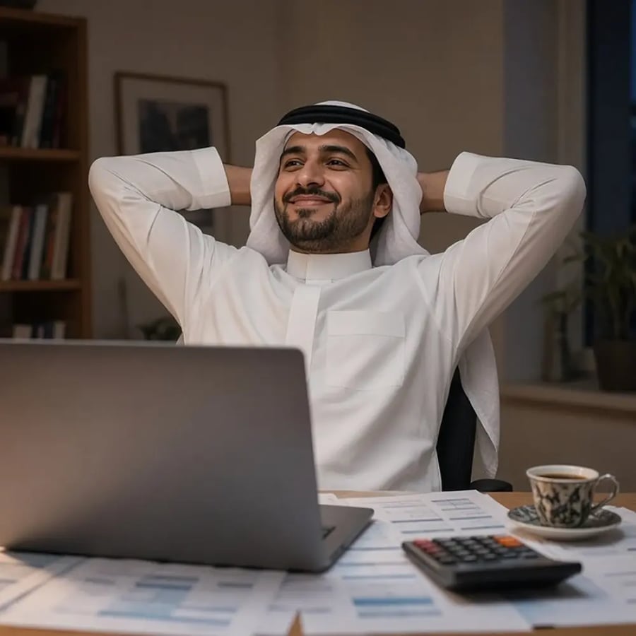 محلل يتراجع في مقعده برضا بعد إنهاء نموذج مالي معقد ليلا