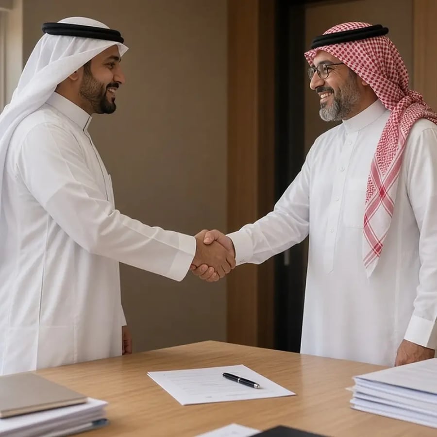 رجلان يتصافحان فوق قوائم ضوابط موقعة بعد مراجعة امتثال ناجحة