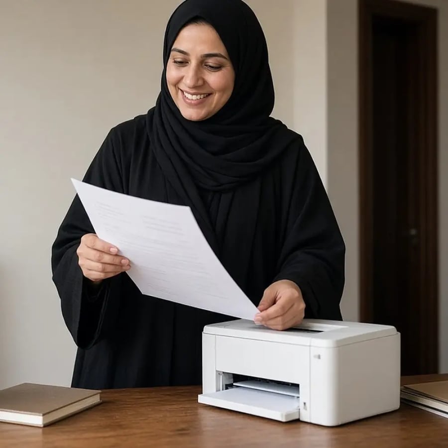 موظفة في مكتبها المنزلي ترفع تقريرا مطبوعا بتنسيق احترافي من الطابعة