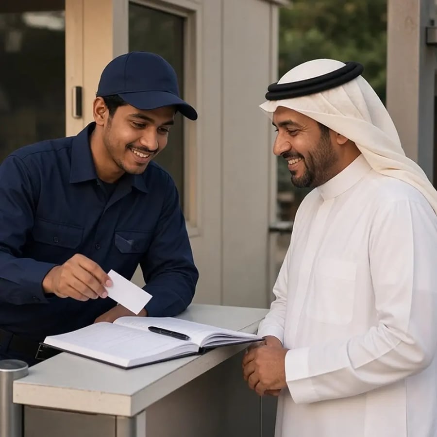 متدرب أمن يتحقق من بطاقة زائر عند البوابة في دورة أمن المنشآت