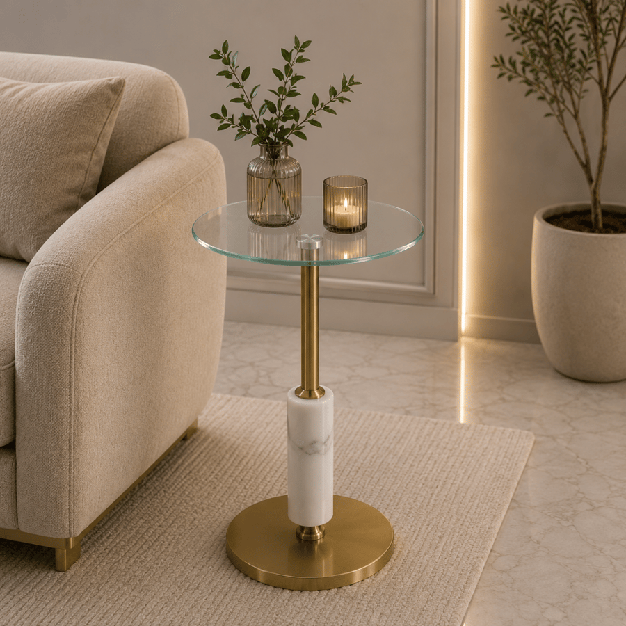 طاولة خدمة زجاج ورخام 35×35×54 سم - ذهبي