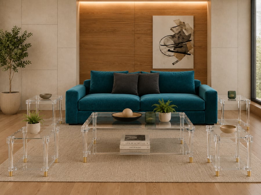 طقم طاولات شاي مستطيل أكريليك شفاف لون شفاف بتصميم مستطيل