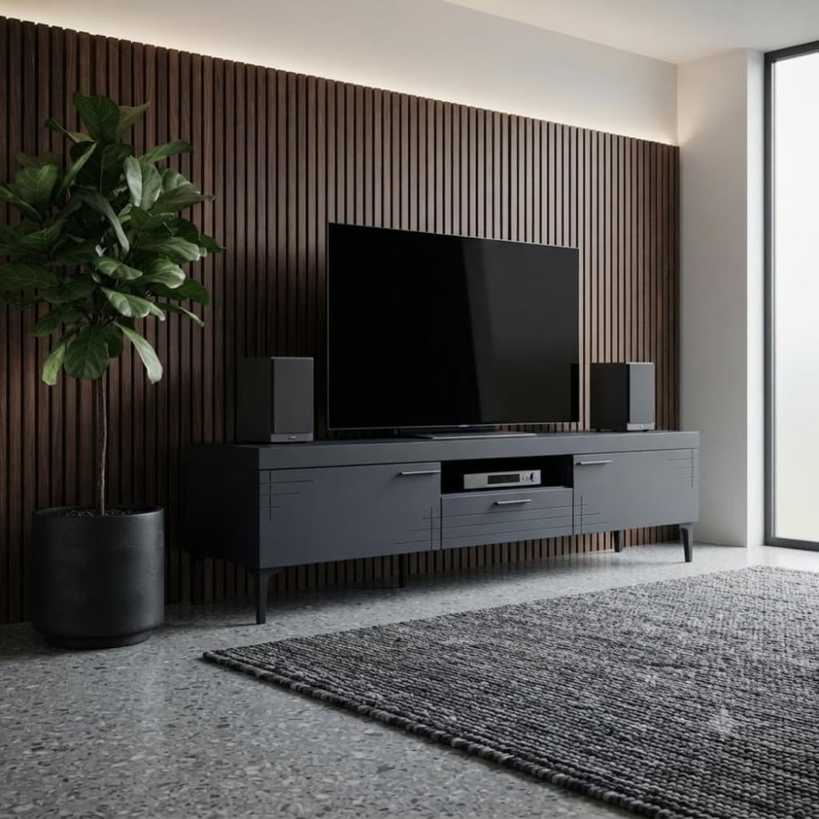 طاولة تلفزيون خشب MDF رمادي غامق درج وخزانتين 160