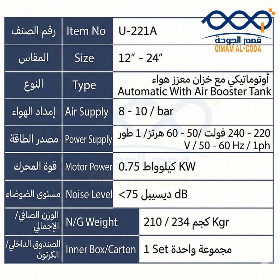جدول المواصفات الفنية ماكينة كفرات مع خزان هواء U-221A.