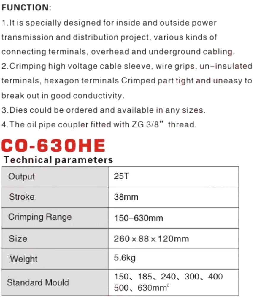 جدول مواصفات CO-630HE يوضح الشوط 38 مم والقوة 25 طن.