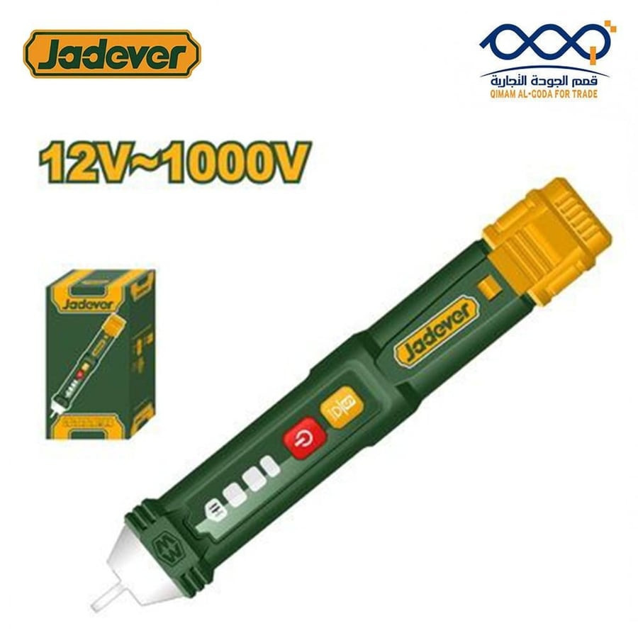 قلم فحص كهرباء ديجيتال JADEVER لونه أخضر مع أزرار تحكم ورأس حساس.
