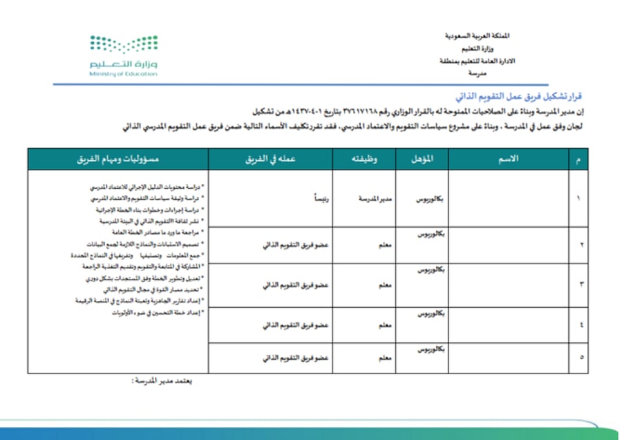 سجل التقويم الذاتي للمدرسة
