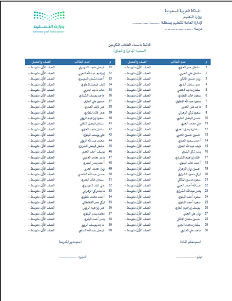 برنامج التكريم الطلابي الرقمي للمدرسة  بنين  بنات