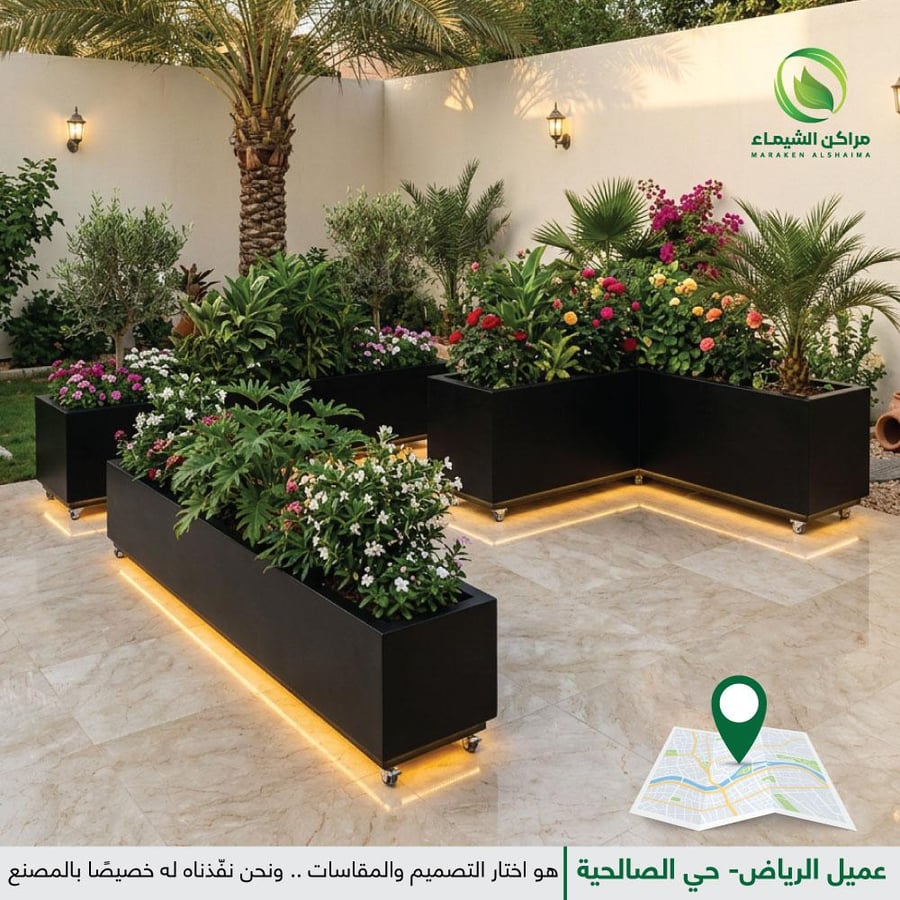 عرض خاص تم تنفيذه لعميل الرياض حي الصالحية - عدد 6 أحواض للزراعة فايبر مضيئة بقاعدة متدرجة وكفرات