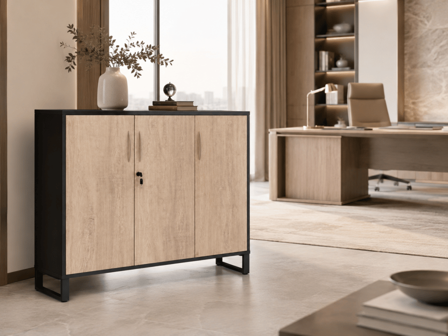 دولاب كريدنزا 3 أبواب خشبي مودرن - 120×40×90 سم - رمادي غامق وخشبي فاتح