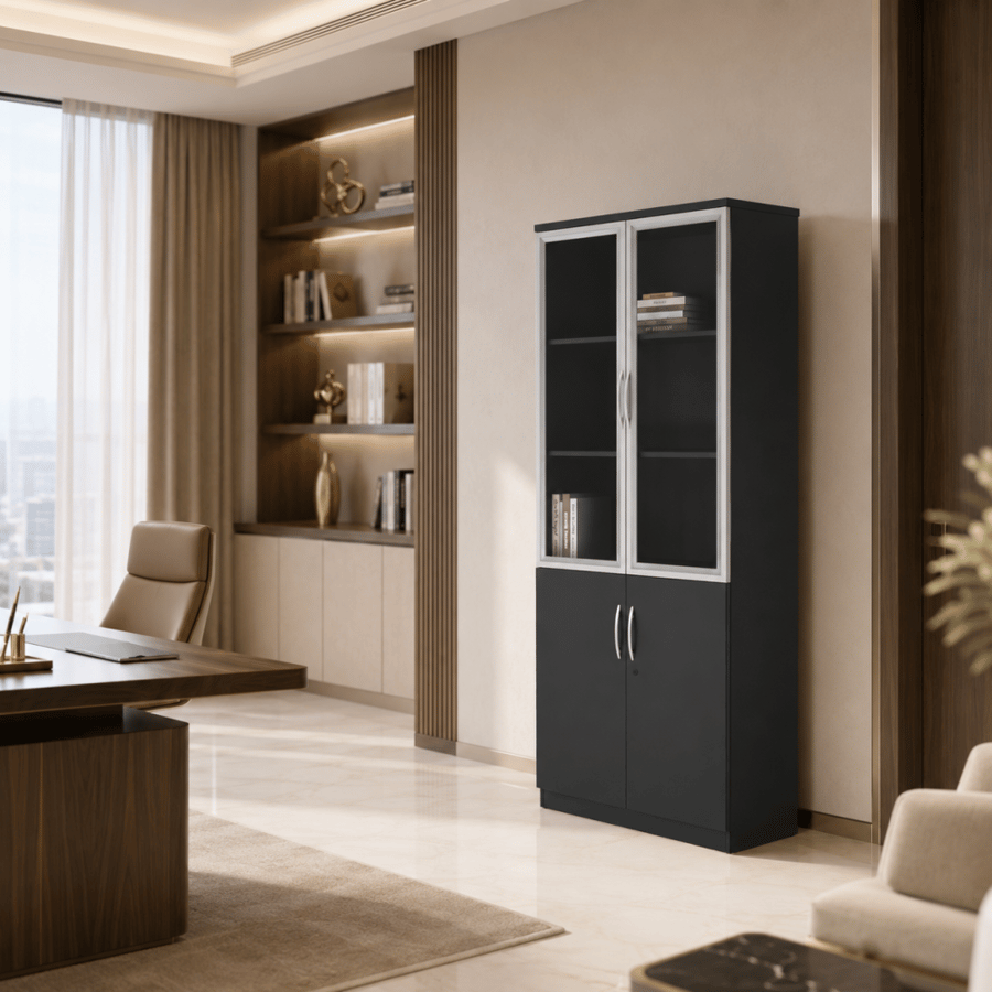 دولاب ملفات طويل 4 أبواب زجاج وخشب - 80×35×200 سم - رمادي غامق