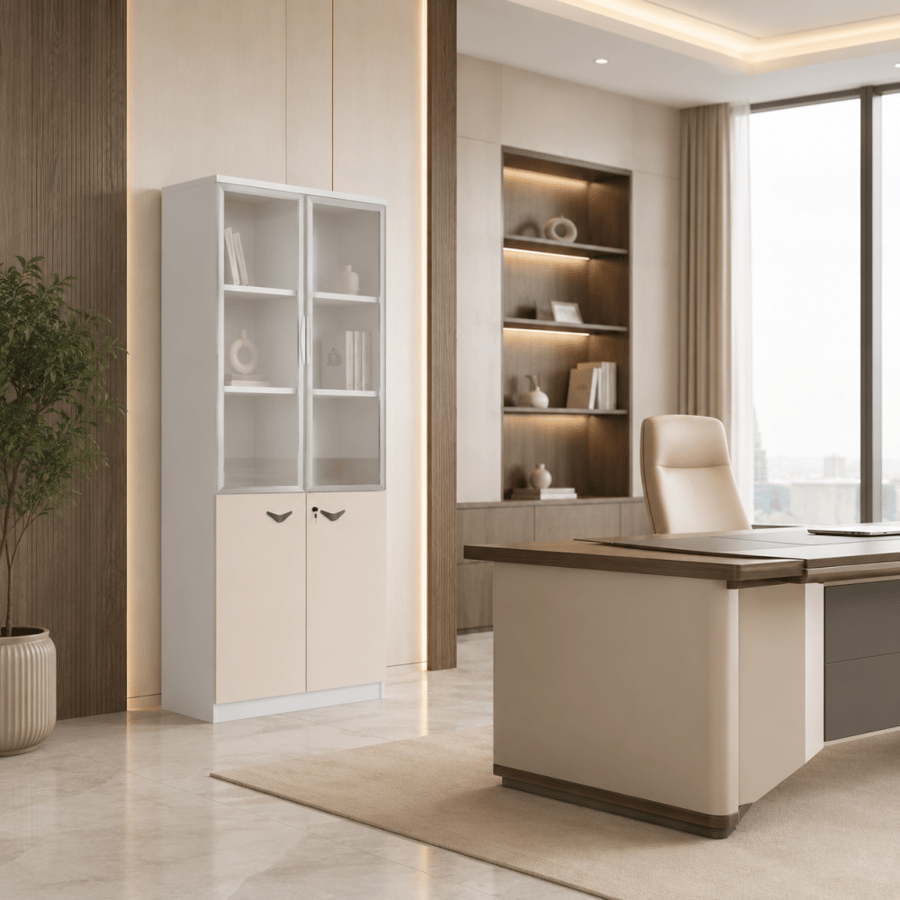 دولاب ملفات طويل 4 أبواب زجاج وخشب - 80×35×200 سم - أبيض وكريمي