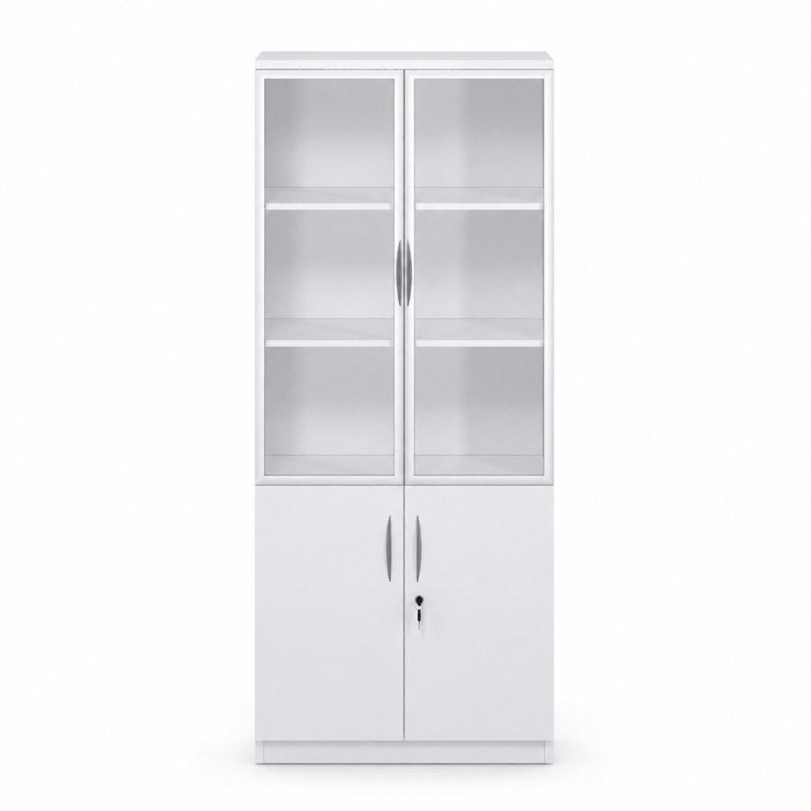 دولاب ملفات طويل 4 أبواب زجاج وخشب - 80×35×200 سم - أبيض