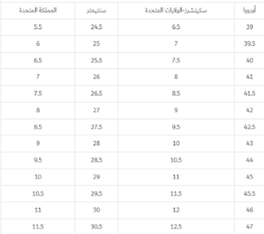 مقاسات الاحذية
