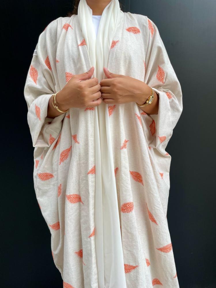 Luxurious beige linen with feather details in orange, butterfly design