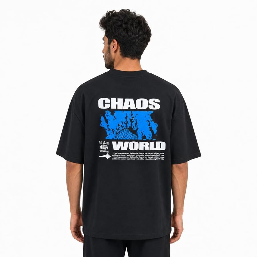 تيشيرت رجالي أوفر سايز أسود بطبعة CHAOSWORLD