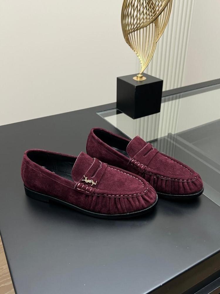 Saint Laurent Le Loafer Monogrammed Suede Loafers in Burgundy / Deep Red
