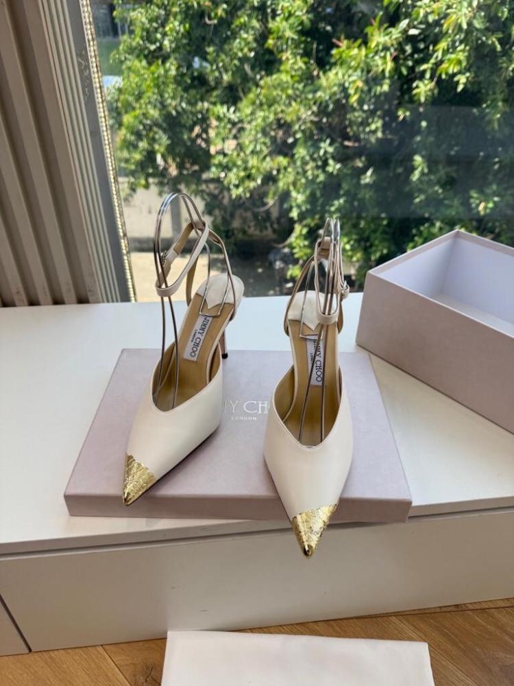 Jimmy Choo Ankle-Strap Pumps with Gold Metal Toe Cap