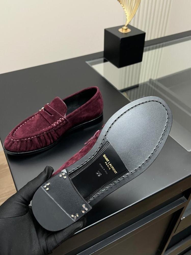 Saint Laurent Le Loafer Monogrammed Suede Loafers in Burgundy / Deep Red