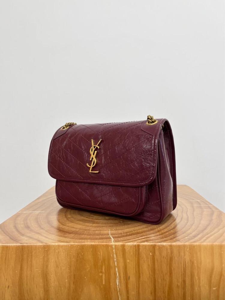 Saint Laurent Niki Medium Chain Bag in Black Crinkled Vintage Leather with Gold Hardware