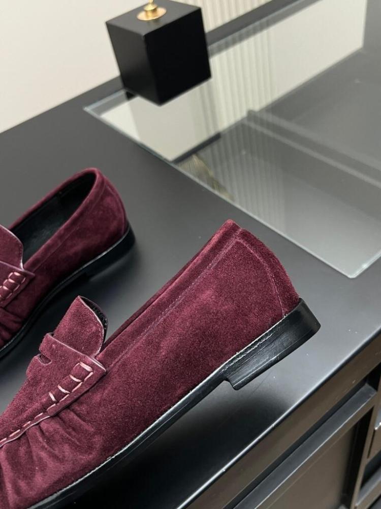 Saint Laurent Le Loafer Monogrammed Suede Loafers in Burgundy / Deep Red