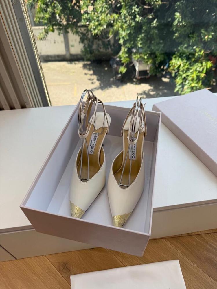 Jimmy Choo Ankle-Strap Pumps with Gold Metal Toe Cap