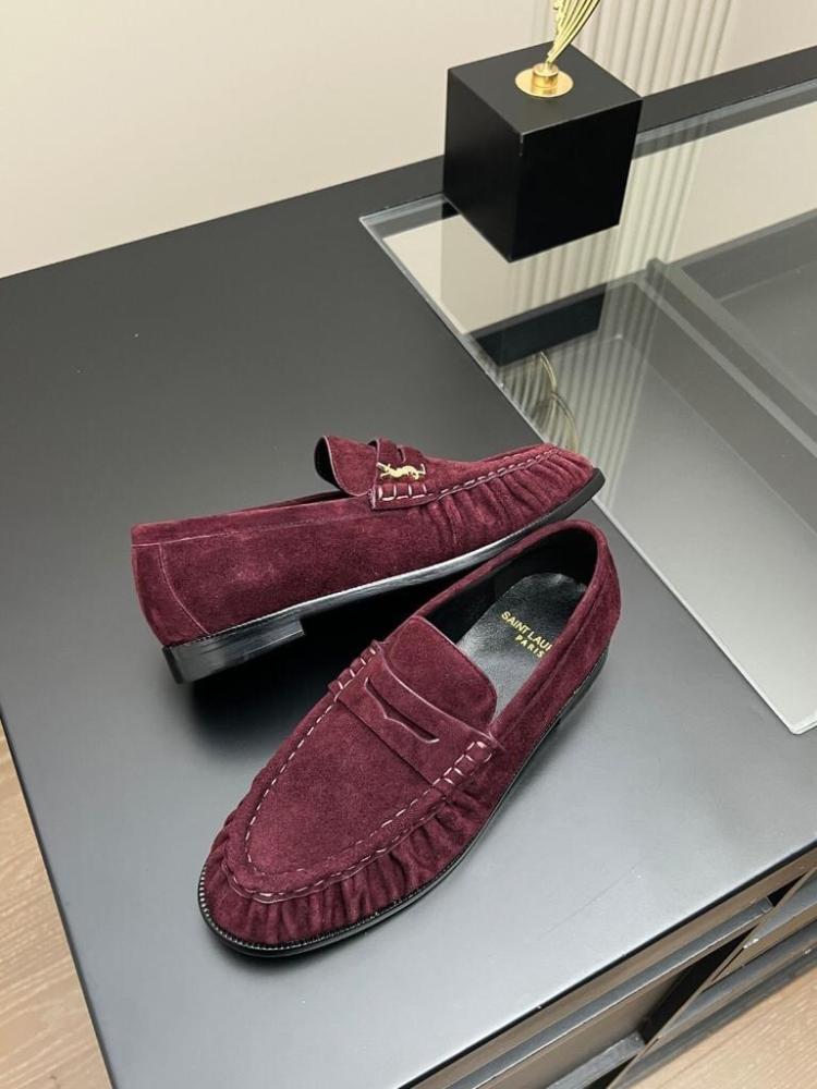 Saint Laurent Le Loafer Monogrammed Suede Loafers in Burgundy / Deep Red