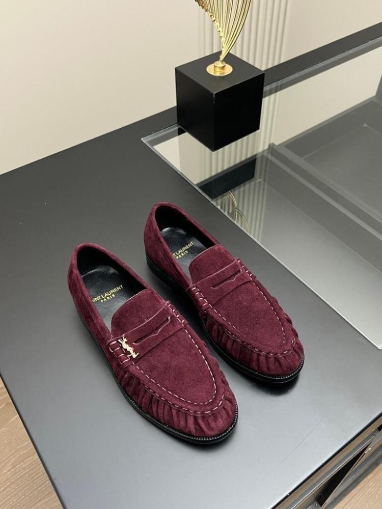 Saint Laurent Le Loafer Monogrammed Suede Loafers in Burgundy / Deep Red