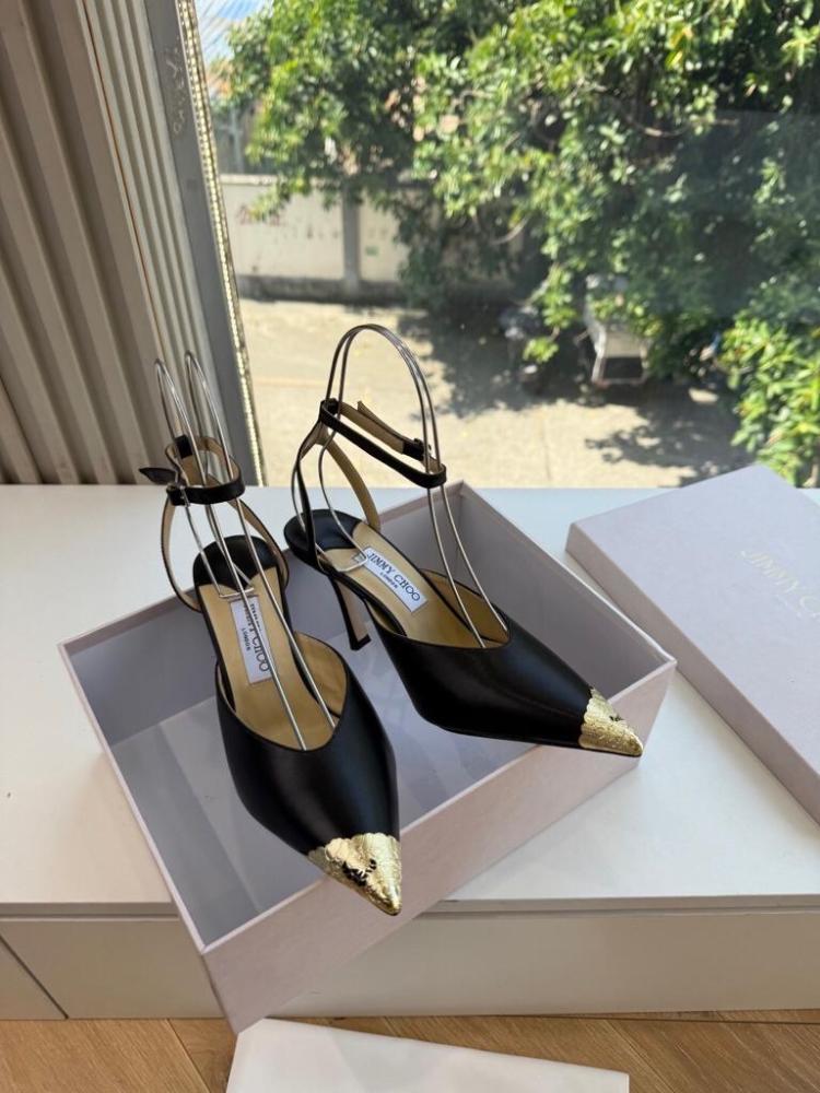 Jimmy Choo Ankle-Strap Pumps with Gold Metal Toe Cap
