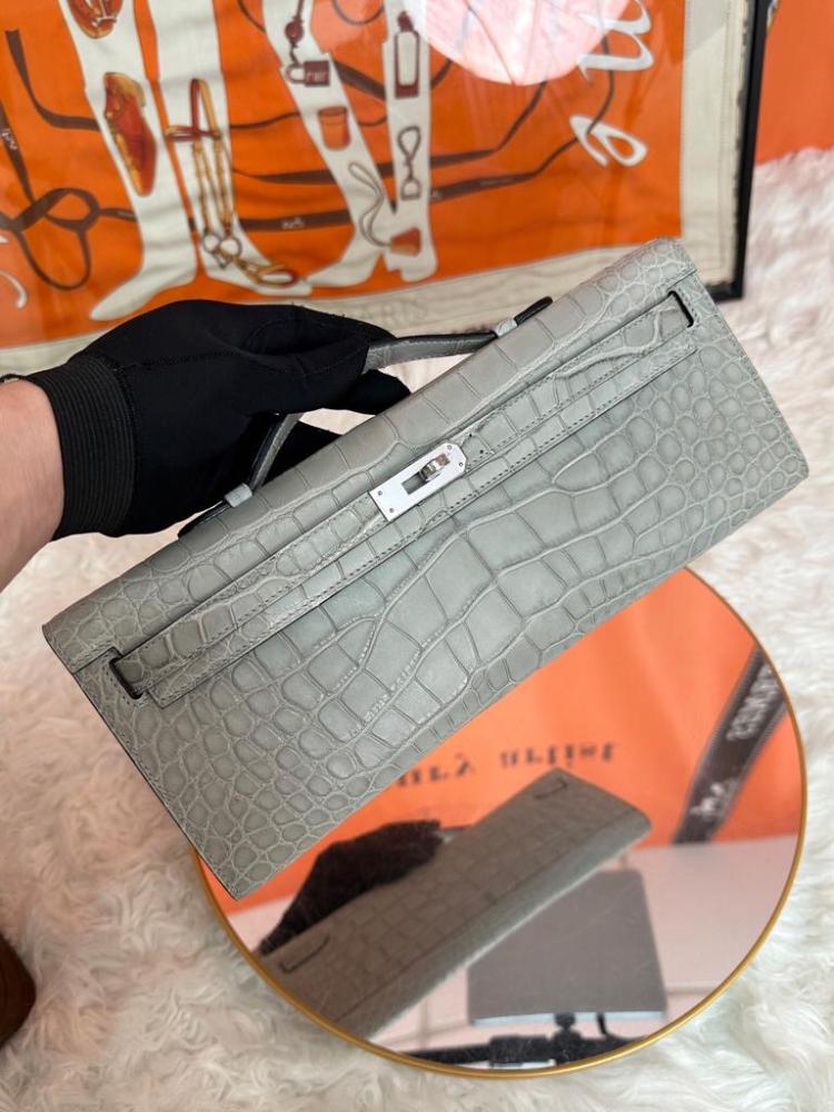 Hermès Kelly Cut Clutch Alligator Leather Gris Paris