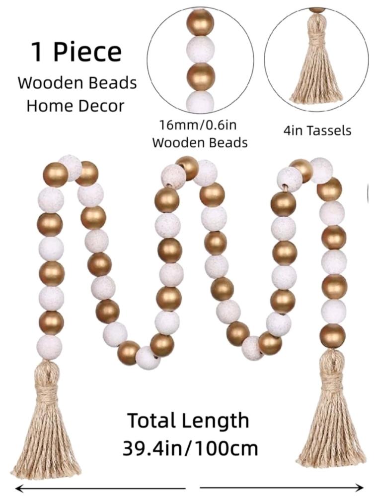 Wooden decor made of beige and gold beads finished with tassels