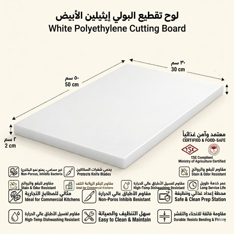 لوح تقطيع من البولي إيثيلين 30 × 50 × 2 سم، أبيض
