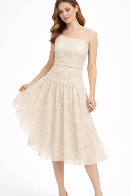 A dress characterized by a soft and feminine design