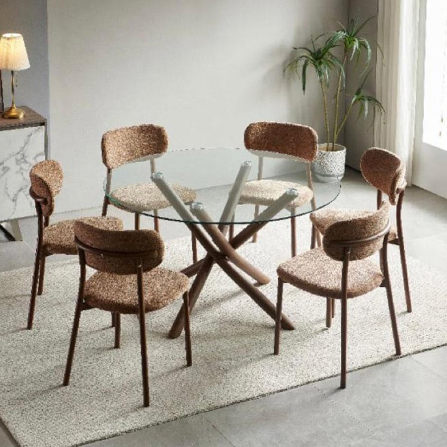 Glass dining table 6 fabric chairs