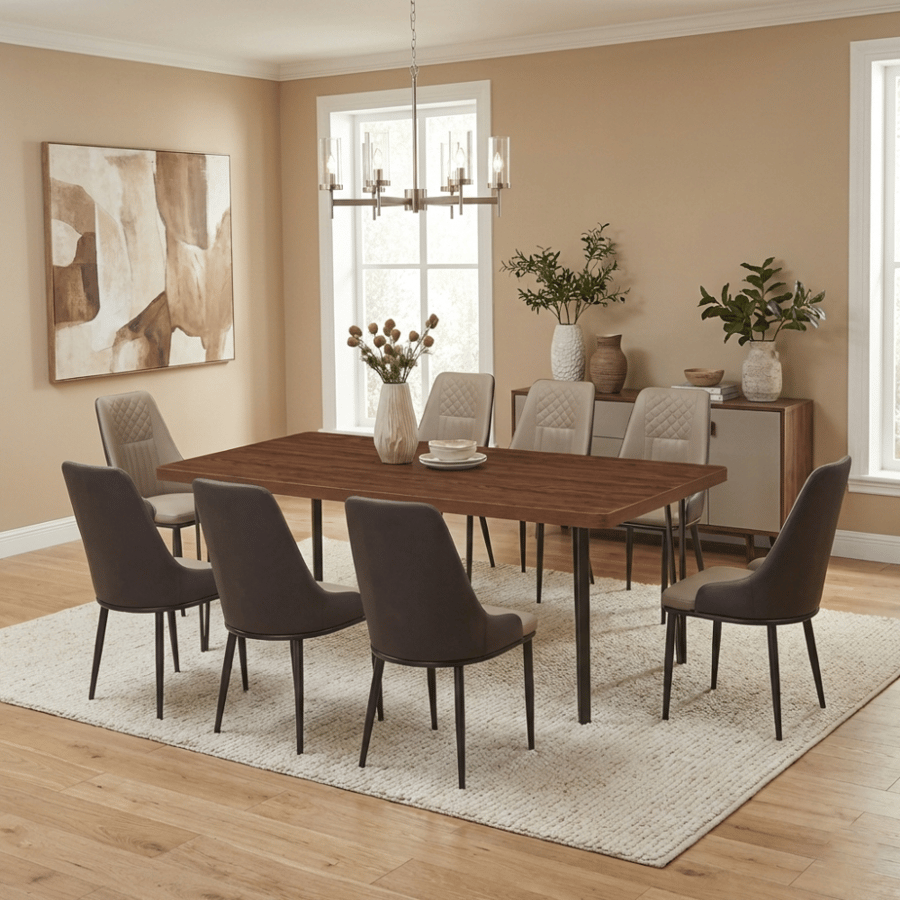 Wooden dining table with 8 chairs, size 75*100*200 cm