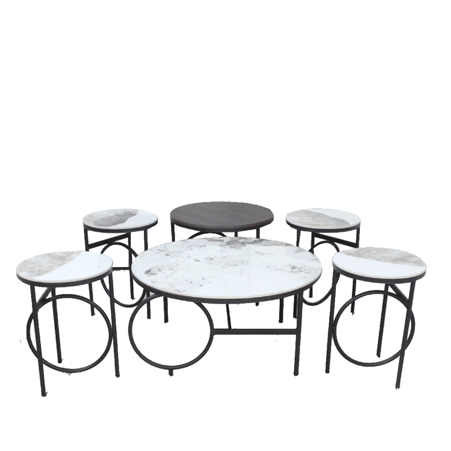Set of 5 ceramic tea tables with a wooden table