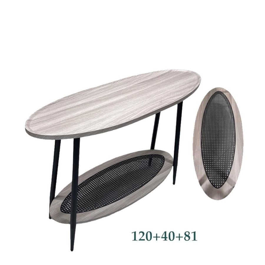 Entrance reception with rattan pattern, oval design, and metal legs