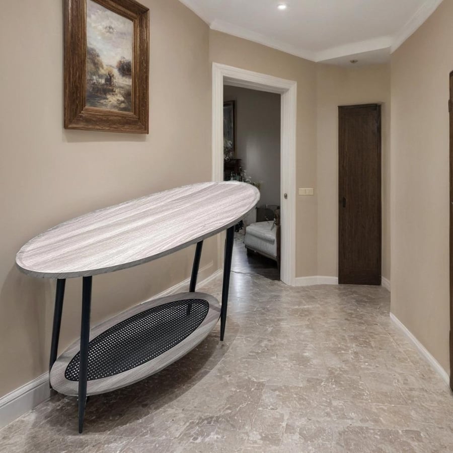 Entrance reception with rattan pattern, oval design, and metal legs