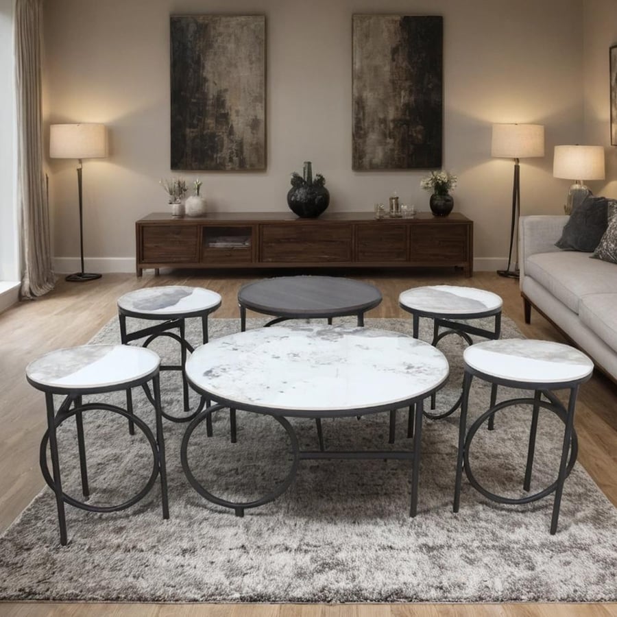 Set of 5 ceramic tea tables with a wooden table