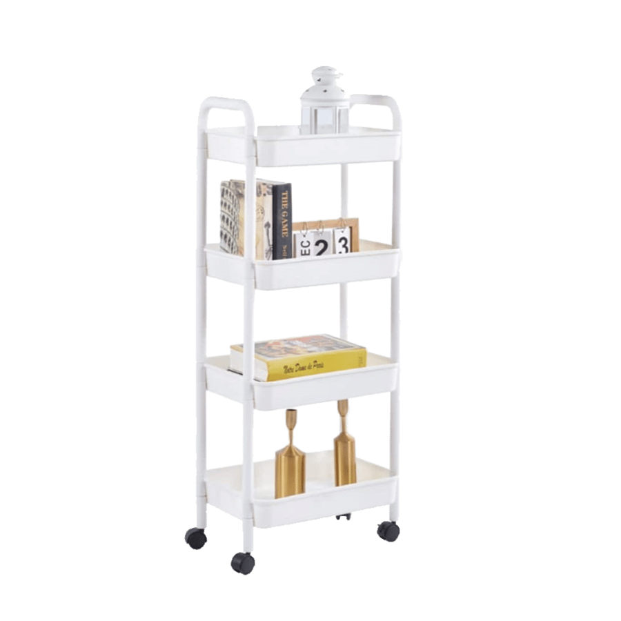 White iron 4-shelf stand with wheels