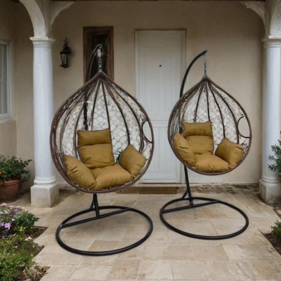 A set of brown swing chairs