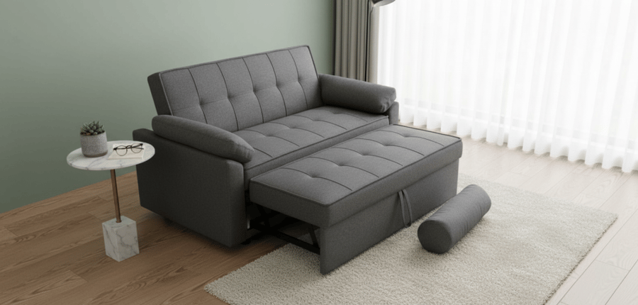 Double sofa bed convertible, foldable, and multifunctional