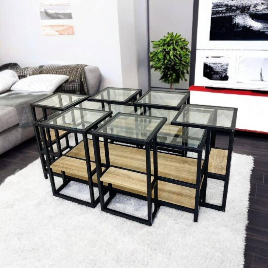 Coffee tables set of glass and wood - 7 pieces