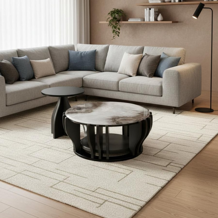 طقم طاولات خشب ورخام بتصميم هندسي متداخل