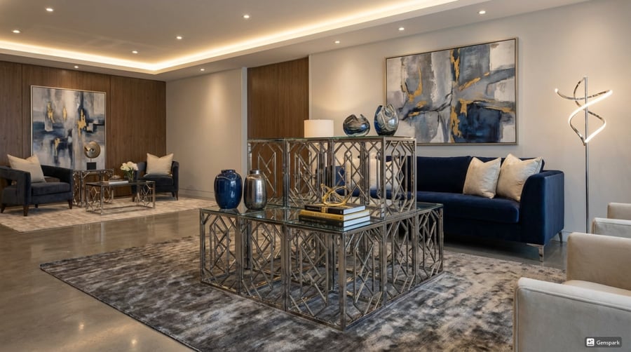 طقم طاولات ضيافة فاخر (6+1) بإطار من الاستيل والزجاج بتصميم هندسي مُتقن