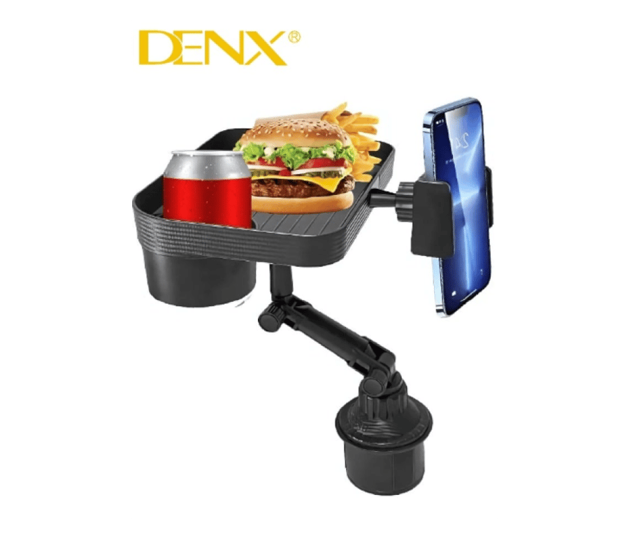 حامل أكواب وصينية طعام للسيارة من ماركة Denx، موديل DX1285.تتميز الصينية بقدرتها على الدوران بزاوية 360 درجة وذراع قابل للتعديل لضبط الارتفاع والزاوية المناسبة.تحتوي على حامل مدمج للهاتف الذكي لسهولة الوصول إليه أثناء القيادة، بالإضافة إلى مساحة لوضع الطع