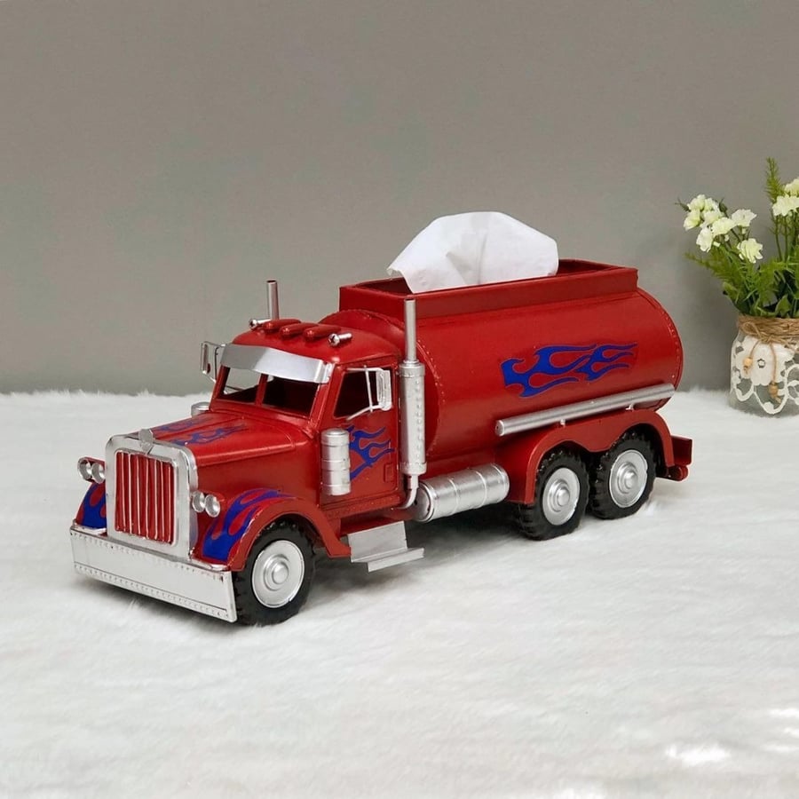 Fuel truck decor, iron, in the shape of a tissue box