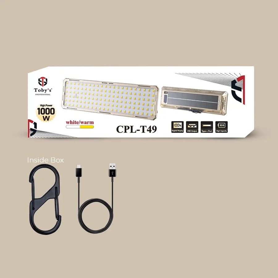 Portable Tobi CPL-T49 solar-powered lamp with 1000 watt power, rechargeable work lamp, water-resistant with IP66 standard, suitable for construction and camping.