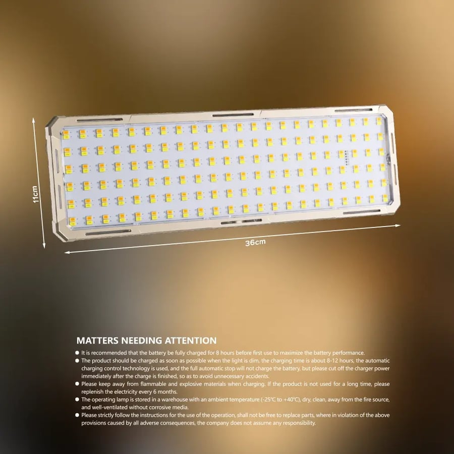 Portable Tobi CPL-T49 solar-powered lamp with 1000 watt power, rechargeable work lamp, water-resistant with IP66 standard, suitable for construction and camping.
