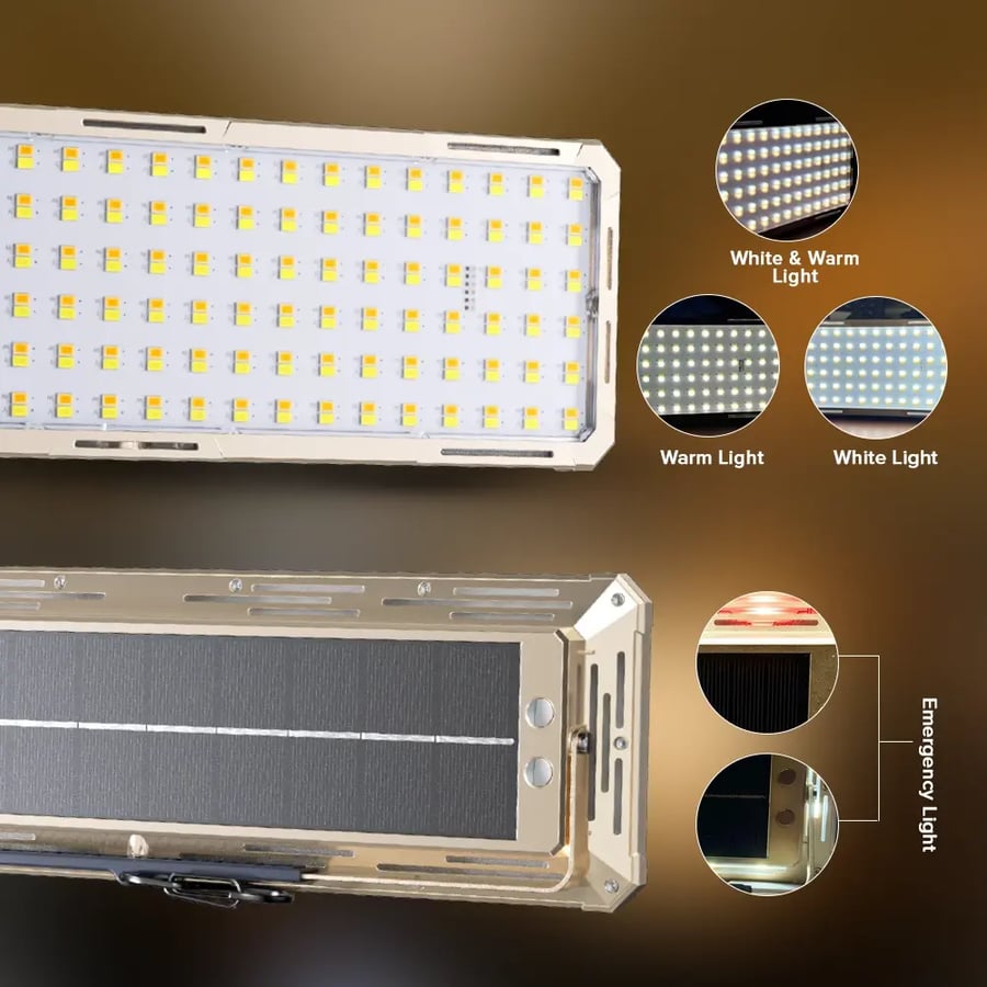 Portable Tobi CPL-T49 solar-powered lamp with 1000 watt power, rechargeable work lamp, water-resistant with IP66 standard, suitable for construction and camping.